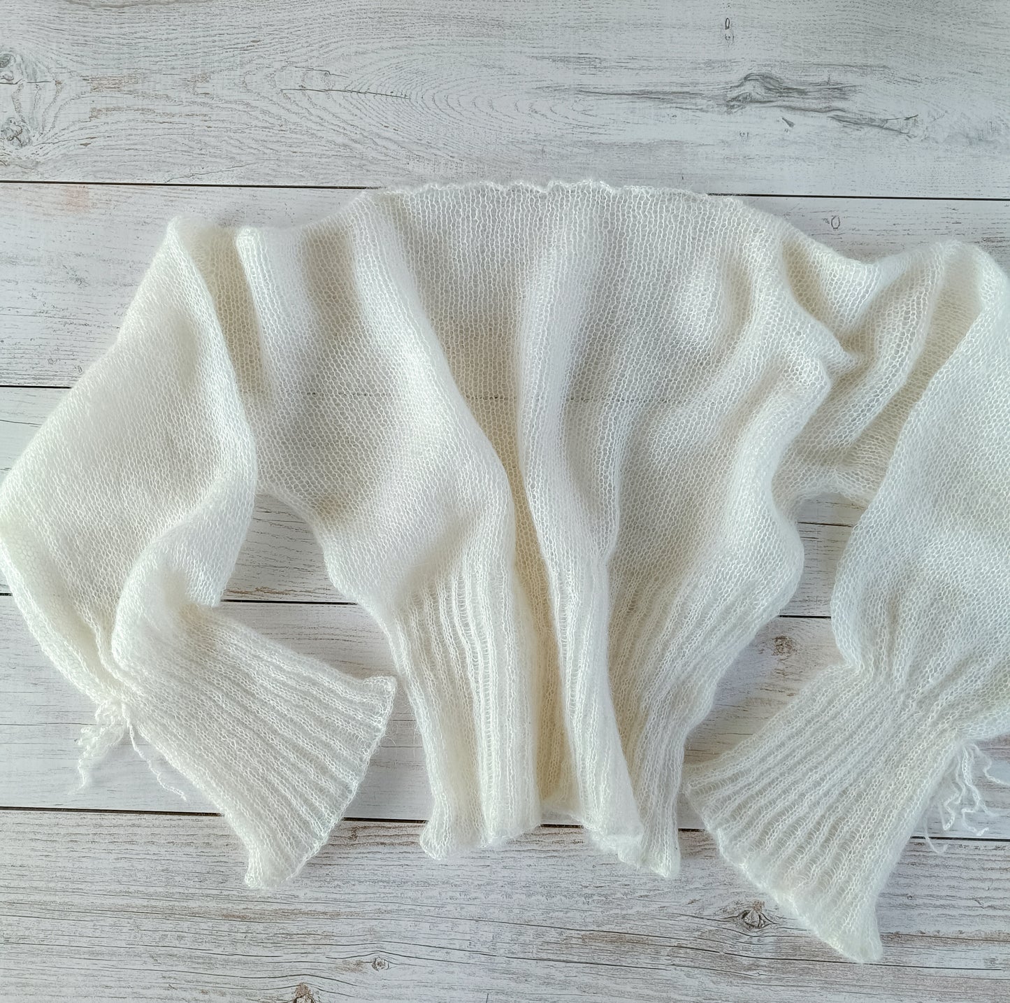 Made to order White Mohair Silk Sweater: Balloon Tie Sleeves, Ribbed Waist