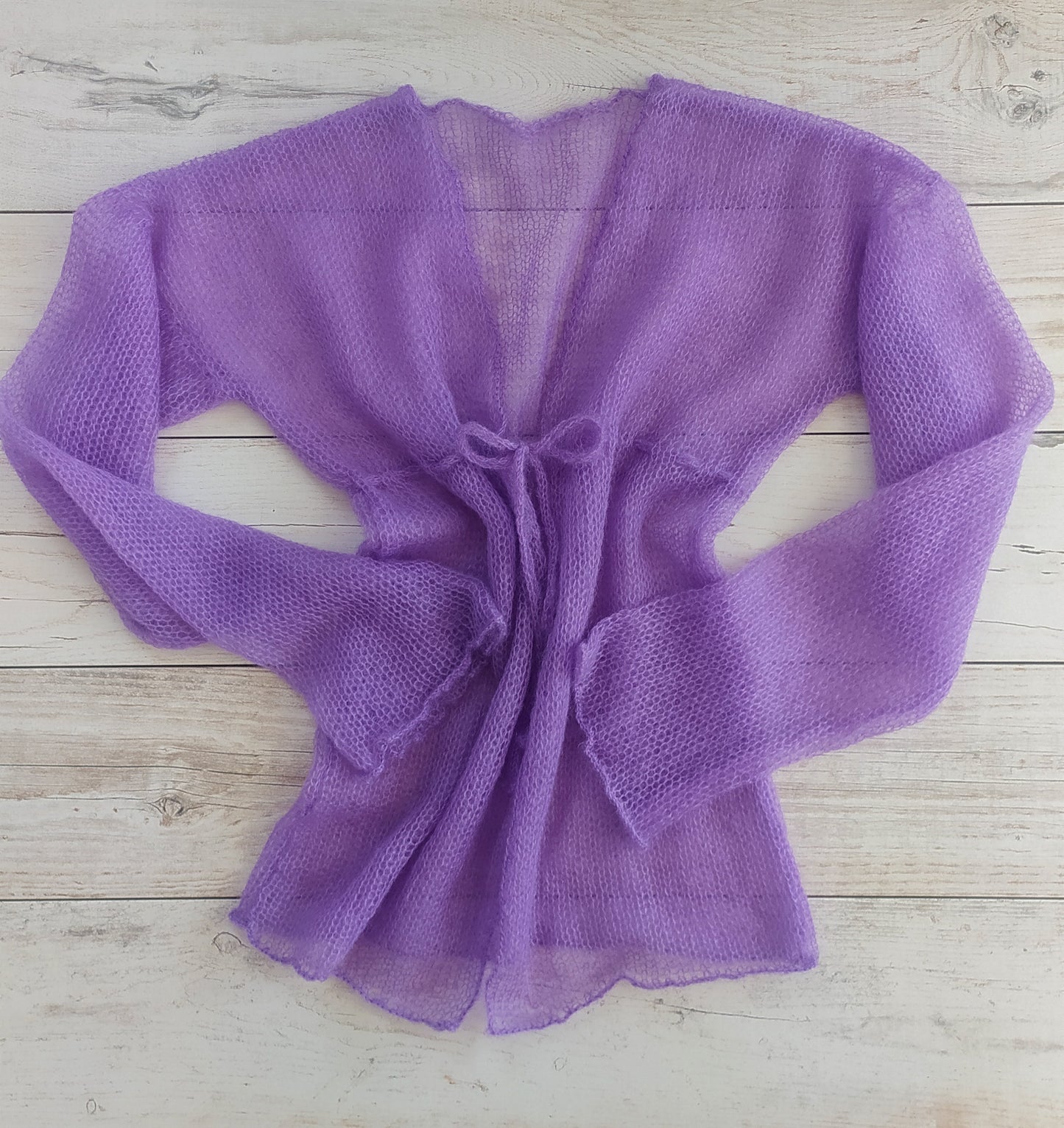 Transparent Lightweight Soft Lavender Purple Mohair Cardigan Exceptionally Long and Wide Sleeves Tie Closure