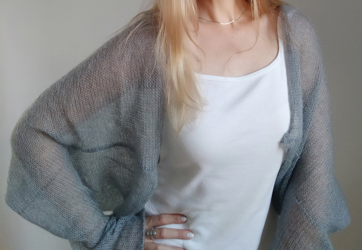 Handmade Mohair Silk Shrug: Gray Knit Cover-Up, Hook Closure