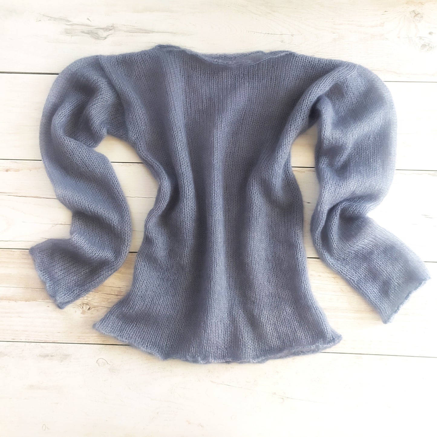 Grey Mohair Silk Sweater: Fitted Lightweight Knit Top XS-S-M