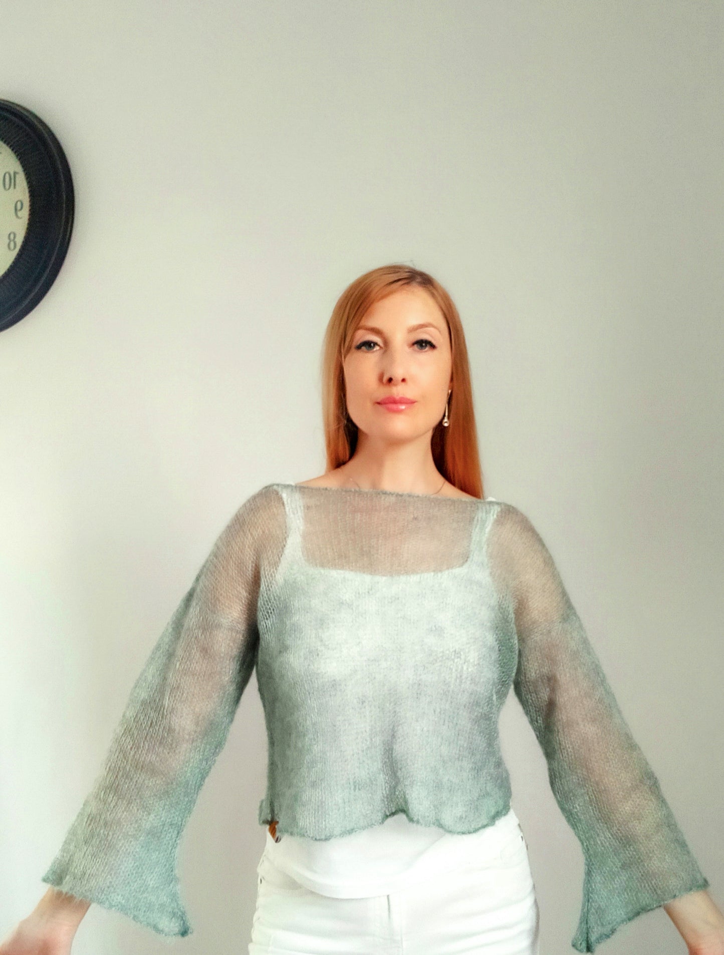 Vanilla Yellow Mohair Silk Sweater: Lightweight Bell Sleeve Knit Top XS-S-M
