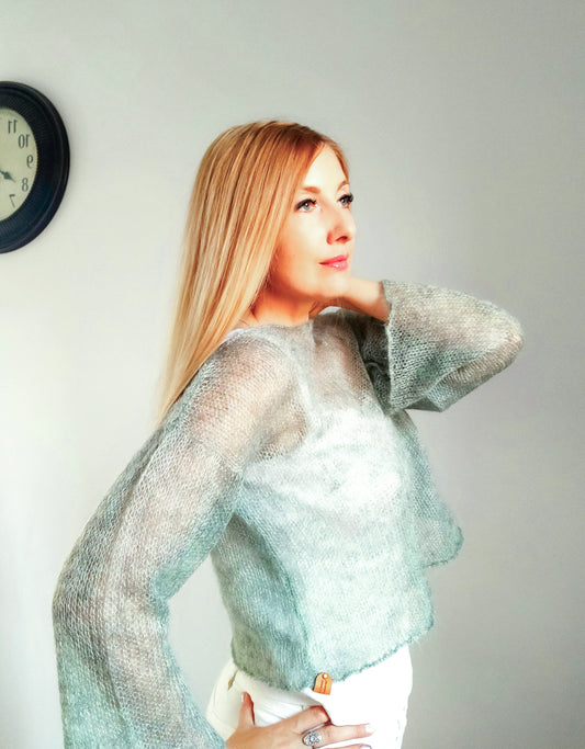 Sage Green Mohair Silk Sweater: Lightweight Short Bell Sleeve Top
