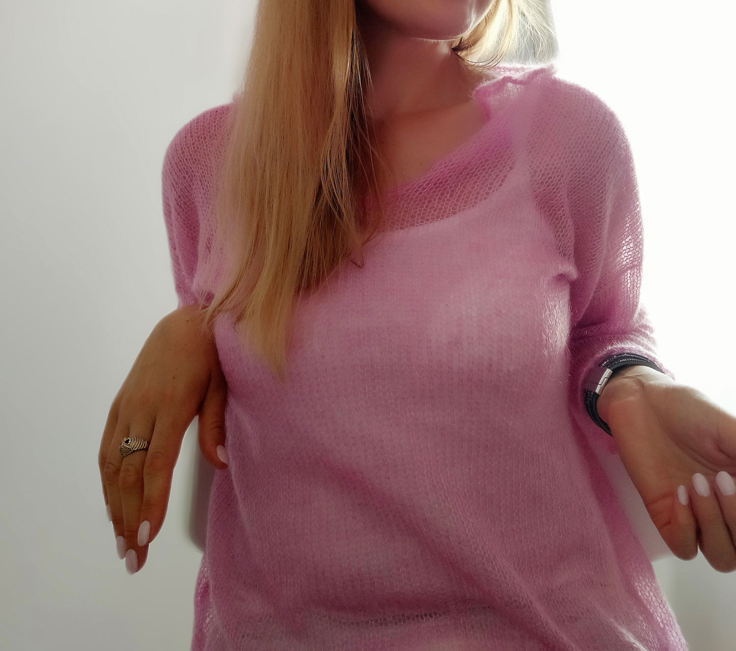 Pink Mohair Sweater Loose Knit Blouse Lightweight Lace Yarn Long Sleeve for Summer and Winter