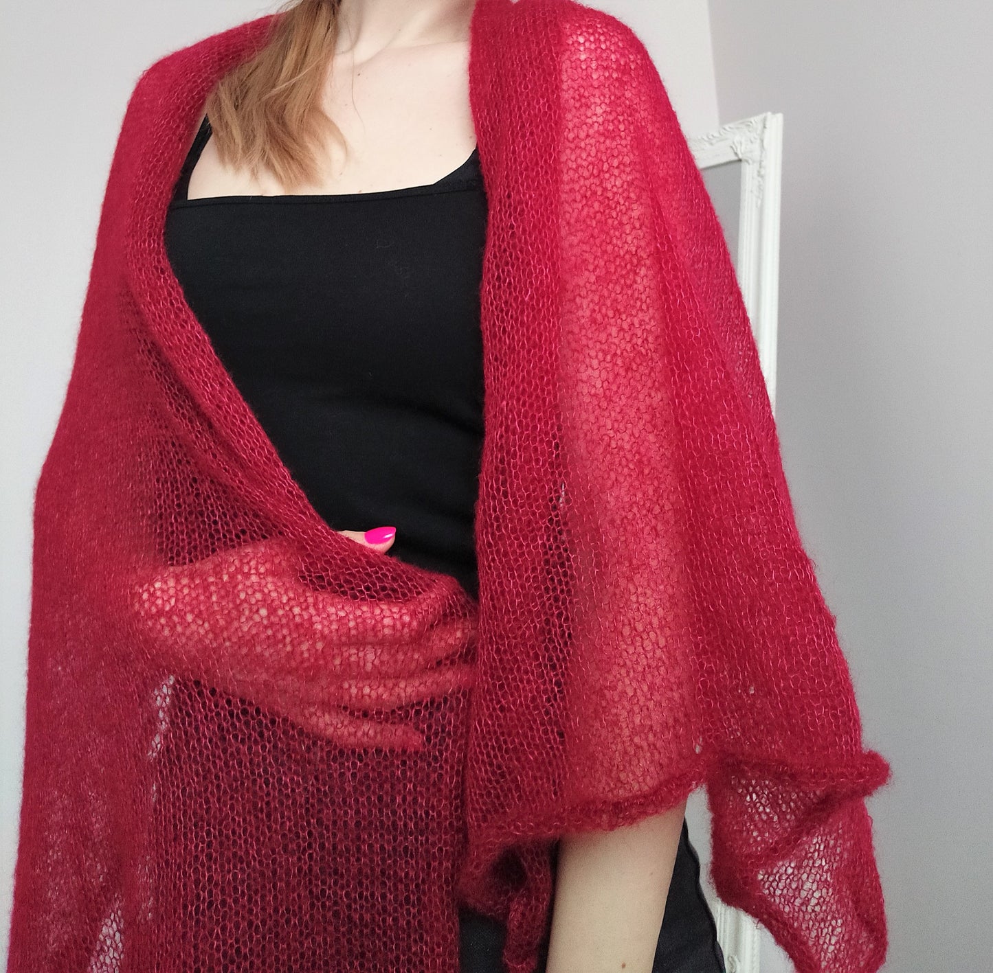 Mohair&Silk Shawl Dark Red Long and Wide