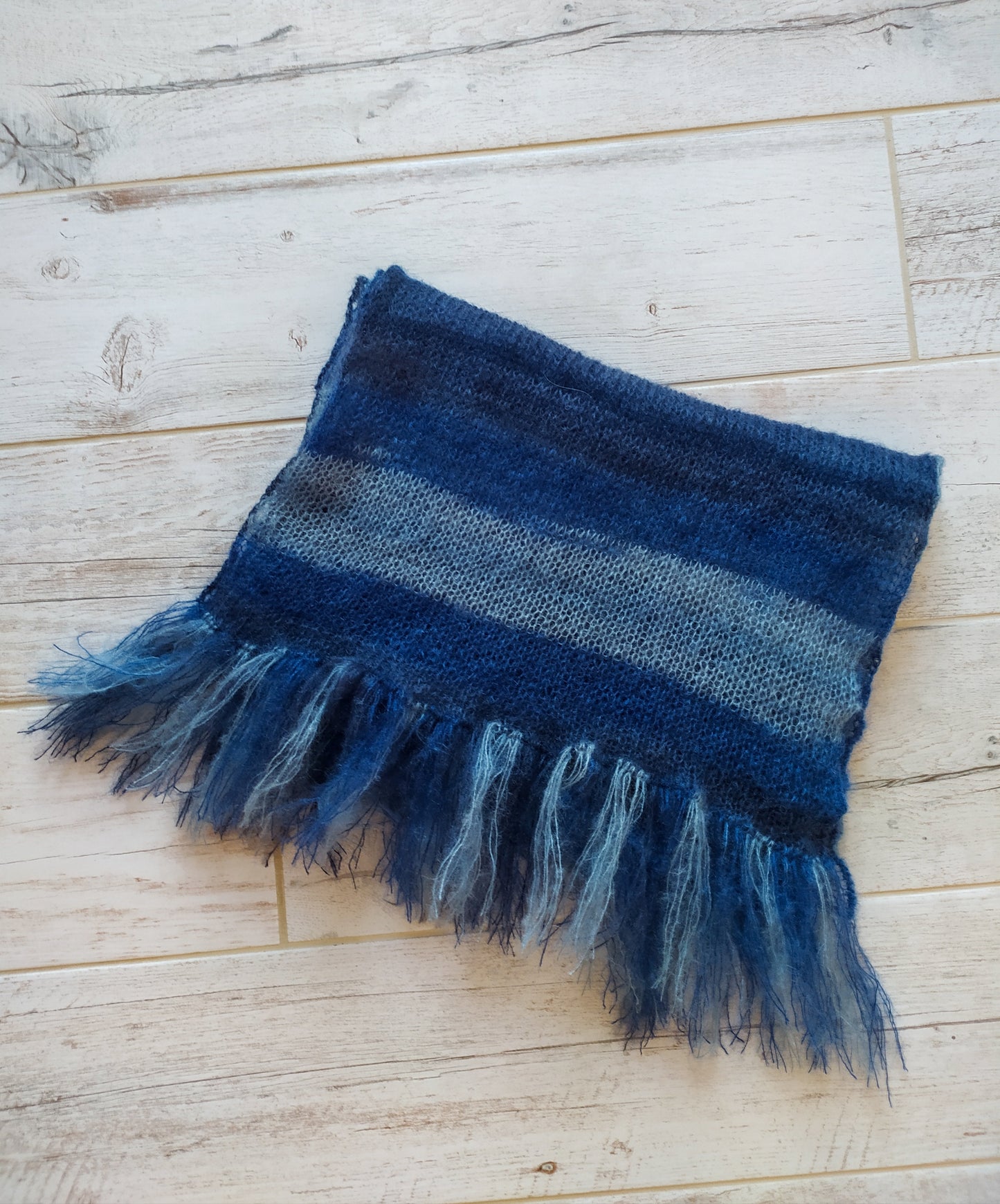 Handmade Blue Striped Mohair Scarf: Long Fringe, Soft Silk Blend