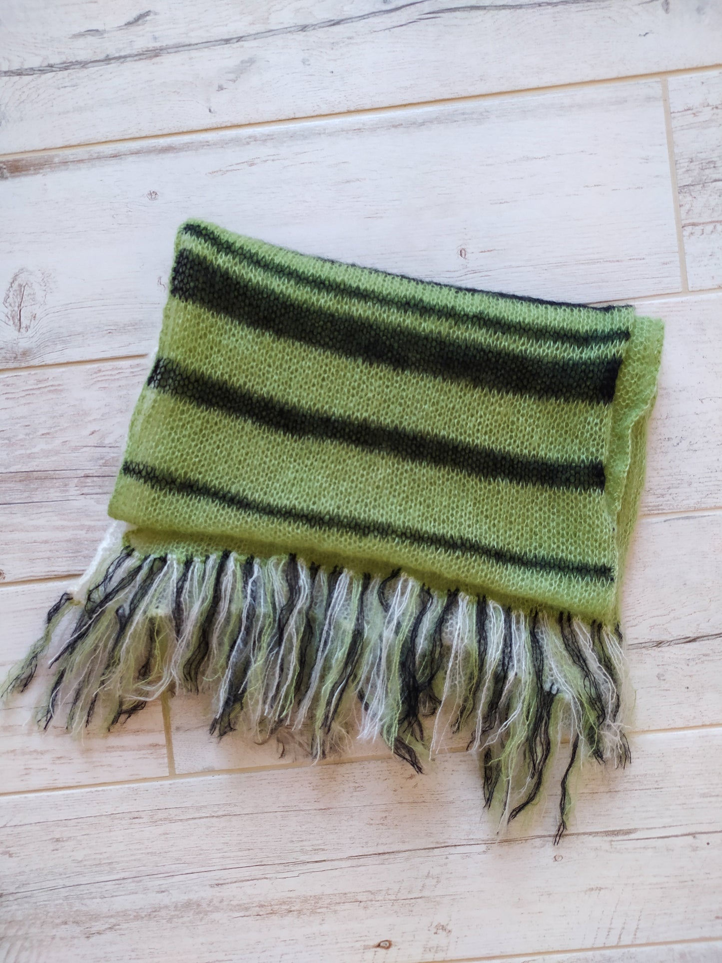 Handmade Mohair Silk Scarf: Green, White & Black Fringe