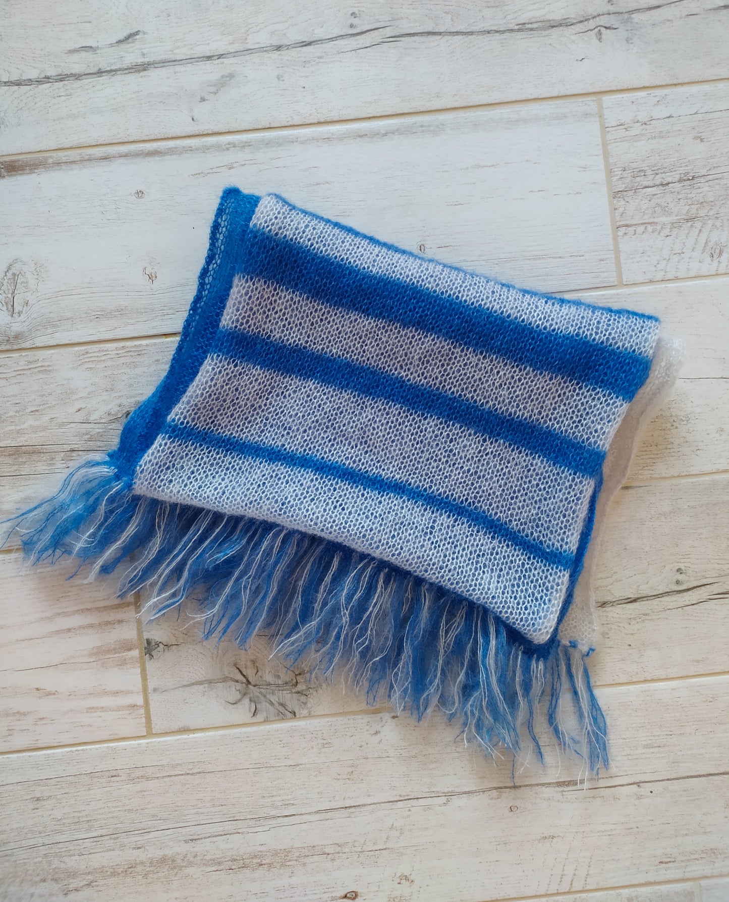 Handmade Blue and White Mohair Silk Scarf: Soft Fringe Neck Warmer