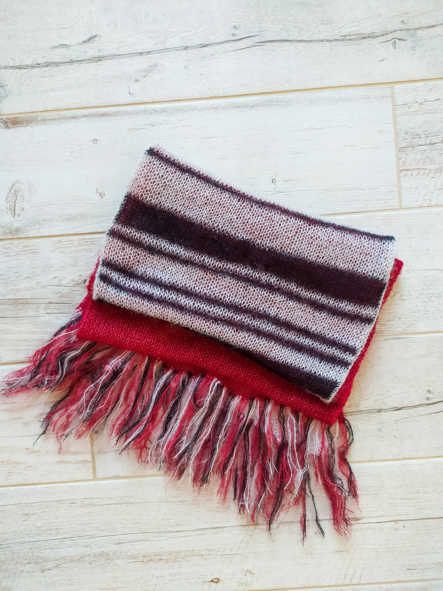 Handmade Mohair Silk Scarf: Red, White & Black Fringe