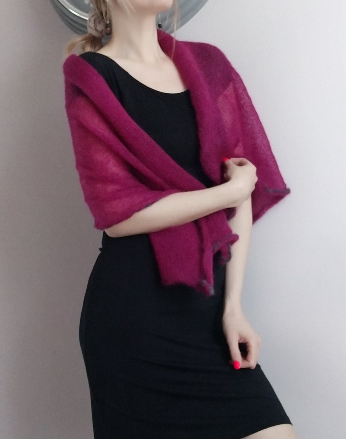 Burgundy mohair and silk scarf, decorative dark gray edge, Elegant scarf, Soft Shawl, Transparent Light-weight shawl