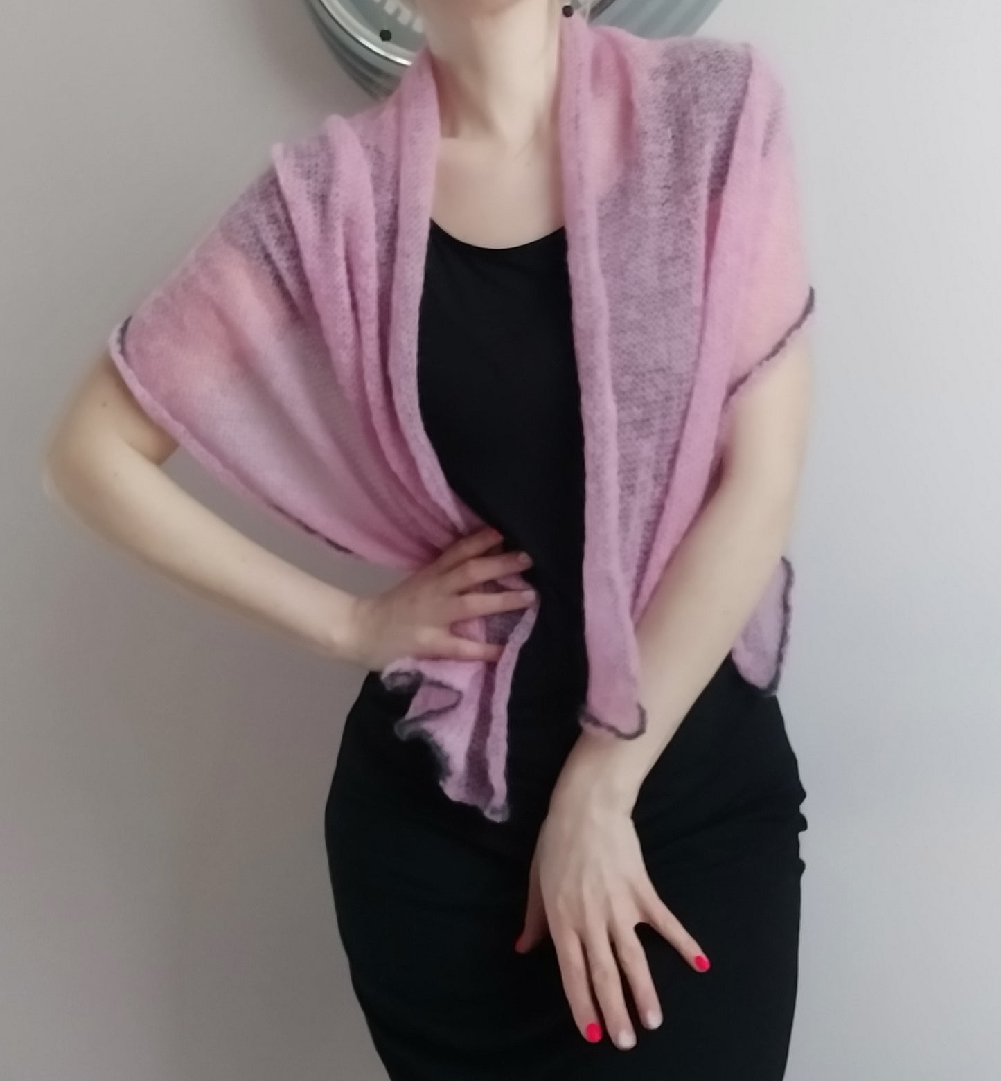 Soft Pink Mohair Silk Shawl with Gray Decorative Edge – Elegant Handmade Wrap