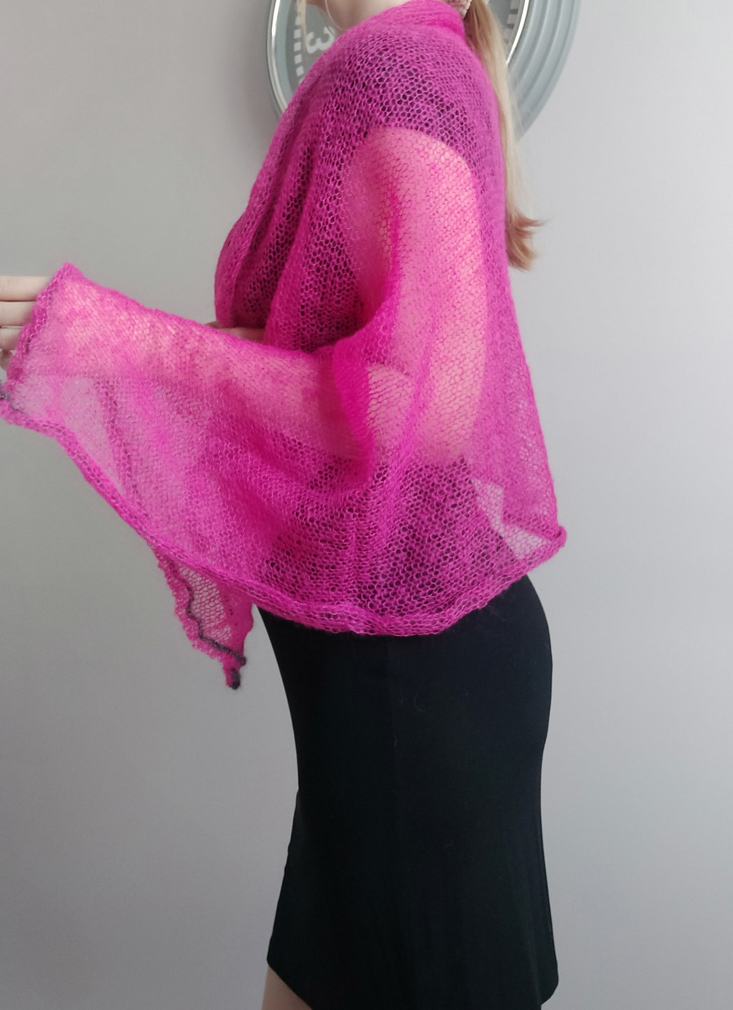 Electric Pink Mohair Scarf: Elegant Lightweight Shawl with Gray Edge