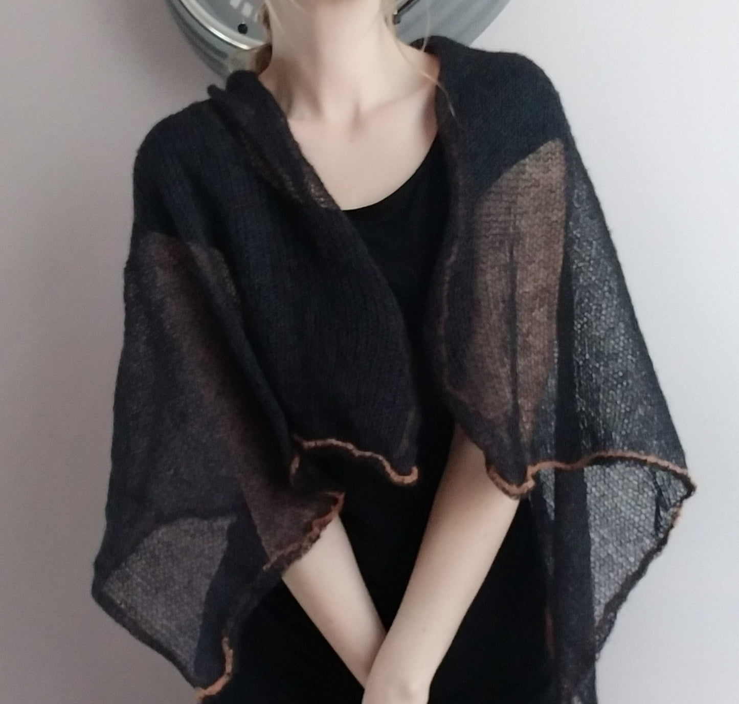 Black Mohair Shawl: Lightweight Knitted Scarf with Orange Edge