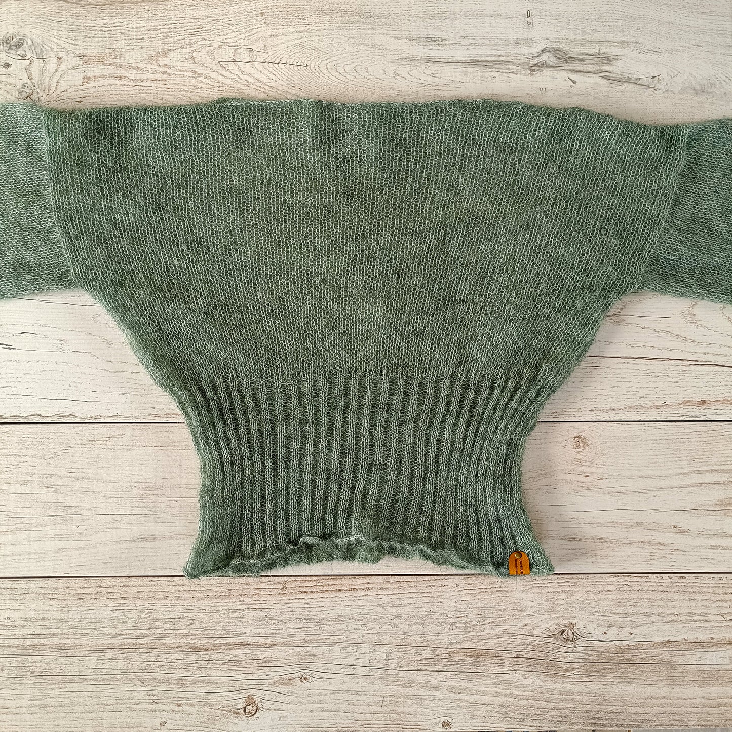 Sage Green Mohair Silk Sweater: Ribbed Waist, Balloon Sleeves