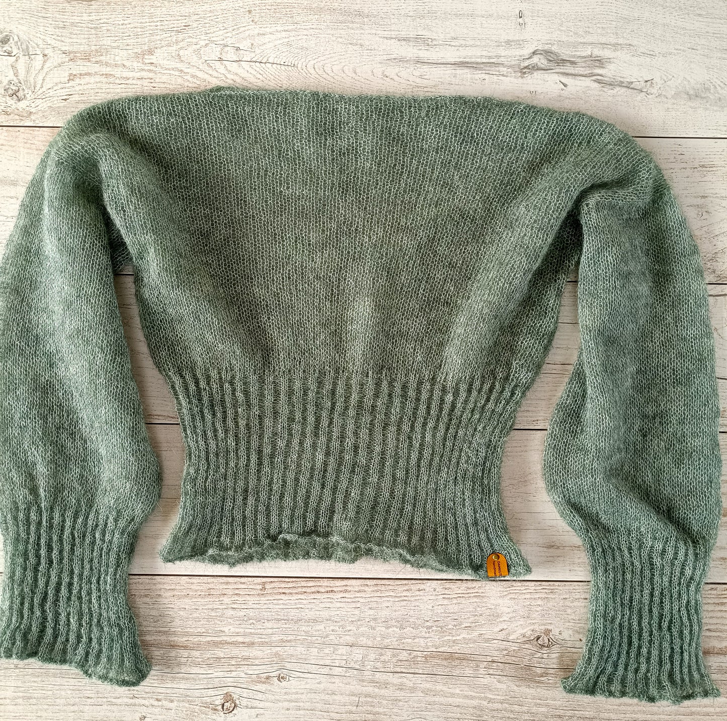 Sage Green Mohair Silk Sweater: Ribbed Waist, Balloon Sleeves