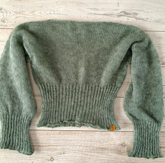 Sage Green Mohair Silk Sweater: Ribbed Waist, Balloon Sleeves