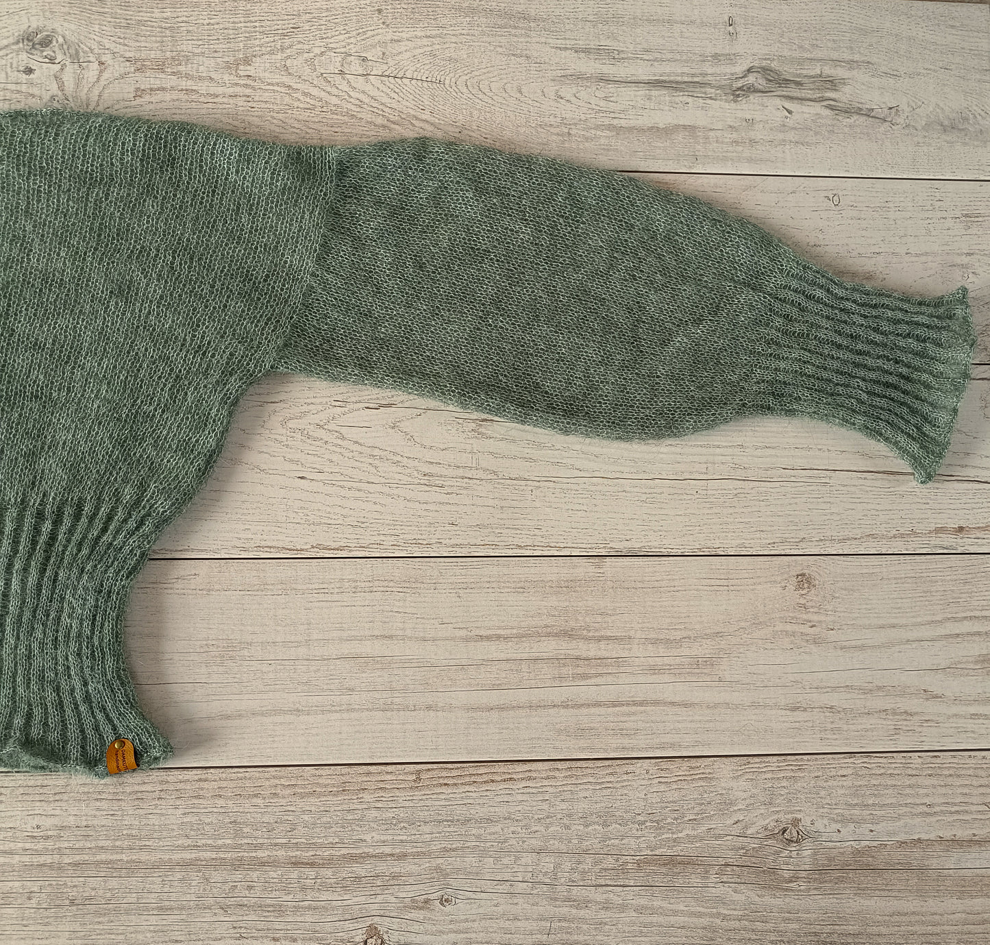 Sage Green Mohair Silk Sweater: Ribbed Waist, Balloon Sleeves