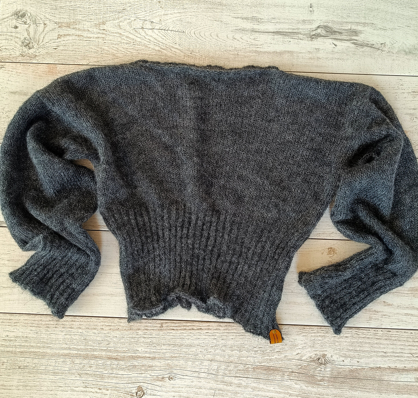 Dark Gray Mohair Silk Sweater: Ribbed Waist, Balloon Sleeves