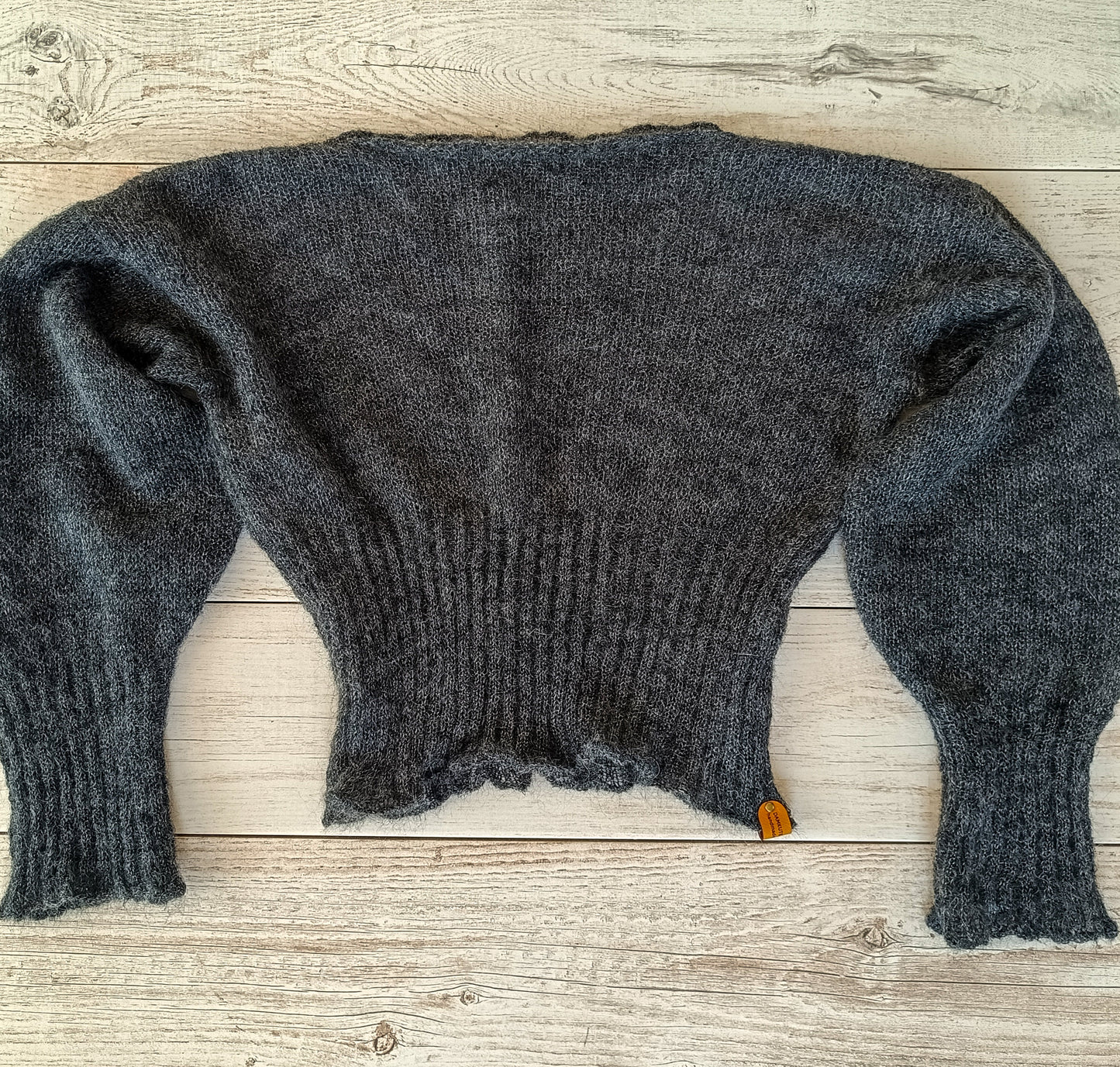 Dark Gray Mohair Silk Sweater: Ribbed Waist, Balloon Sleeves