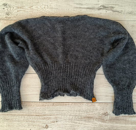 Dark Gray Mohair Silk Sweater: Ribbed Waist, Balloon Sleeves