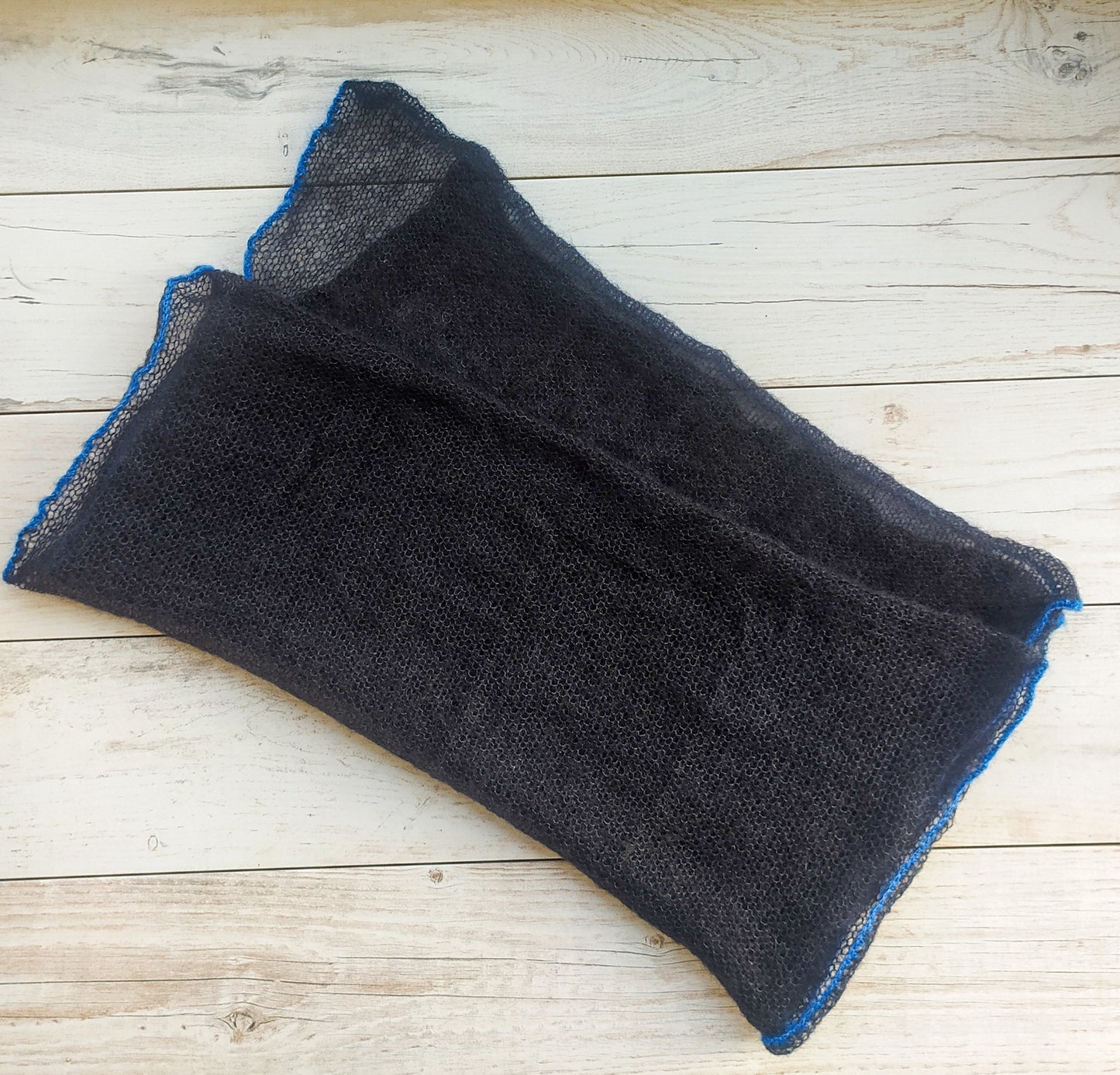 Made to Order Black Mohair Scarf: Elegant Blue Edge Shawl
