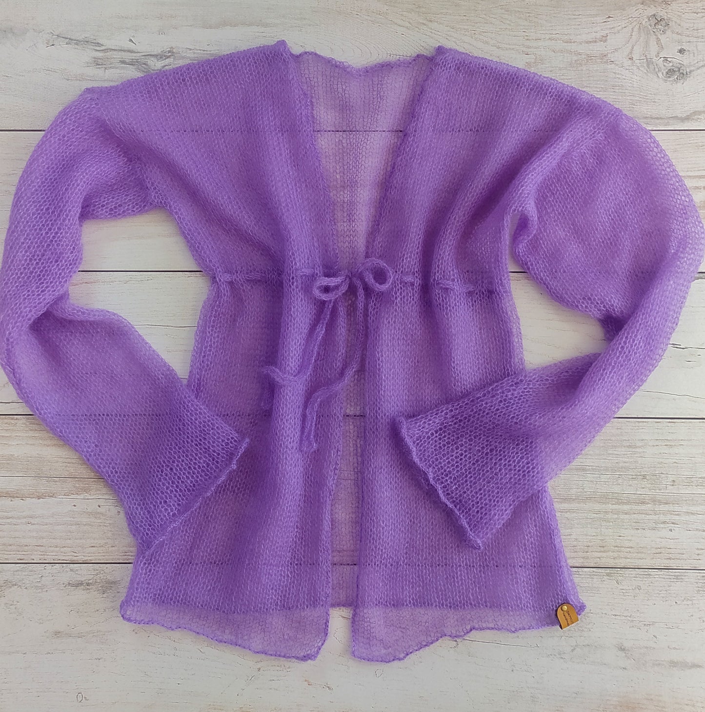 Transparent Lightweight Soft Lavender Purple Mohair Cardigan Exceptionally Long and Wide Sleeves Tie Closure