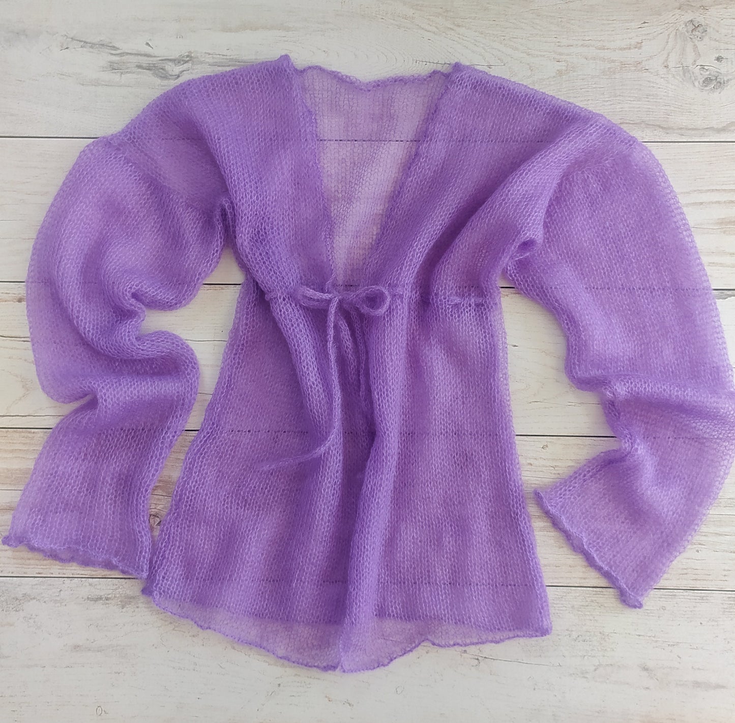 Transparent Lightweight Soft Lavender Purple Mohair Cardigan Exceptionally Long and Wide Sleeves Tie Closure