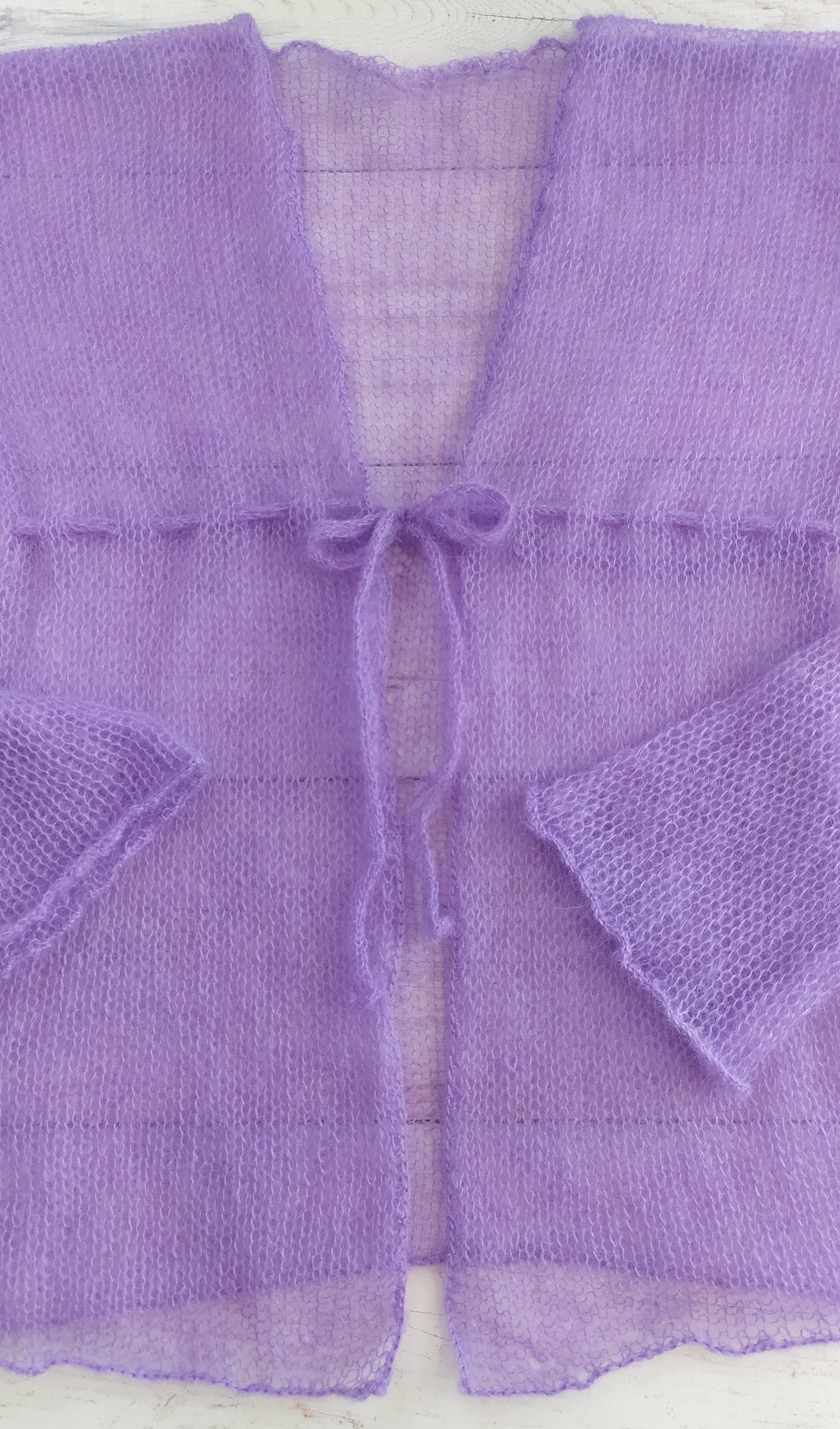 Transparent Lightweight Soft Lavender Purple Mohair Cardigan Exceptionally Long and Wide Sleeves Tie Closure