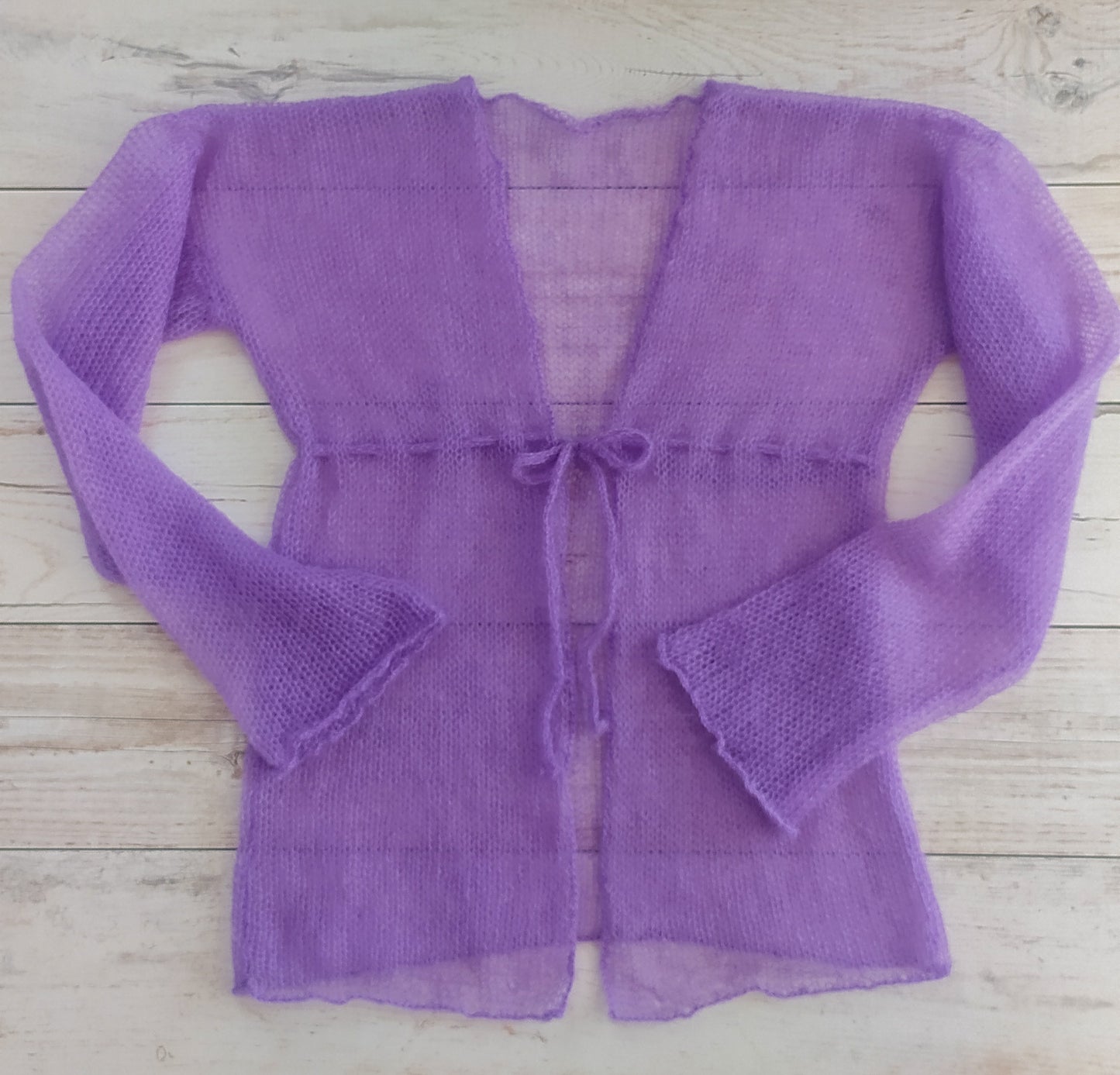 Transparent Lightweight Soft Lavender Purple Mohair Cardigan Exceptionally Long and Wide Sleeves Tie Closure