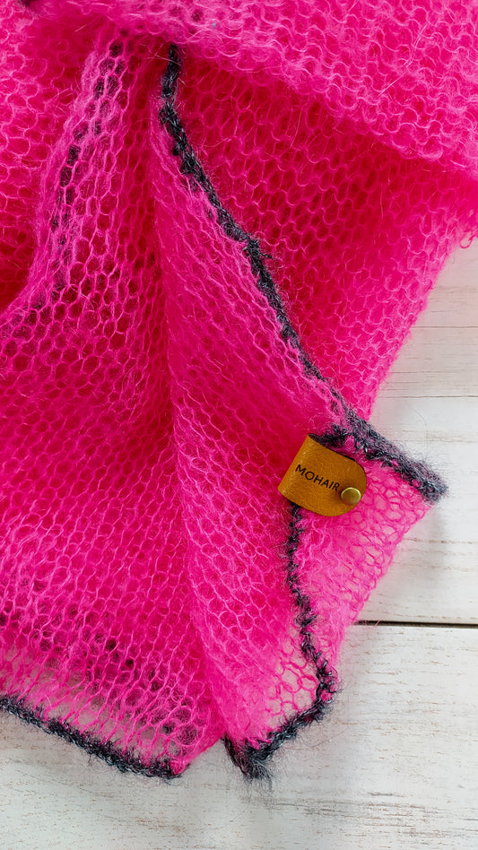 Electric Pink Mohair Scarf: Elegant Lightweight Shawl with Gray Edge