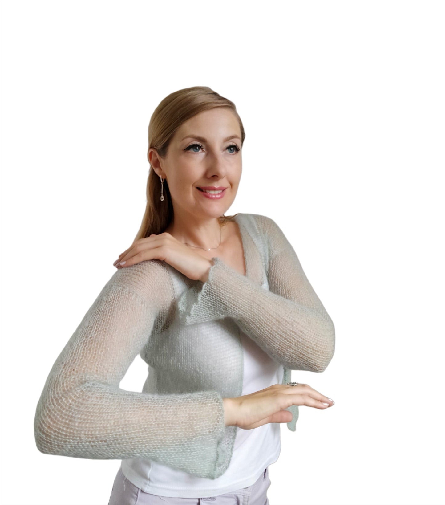 Mint Green Mohair Silk Cardigan: Lightweight Knit Sweater XS-S-M