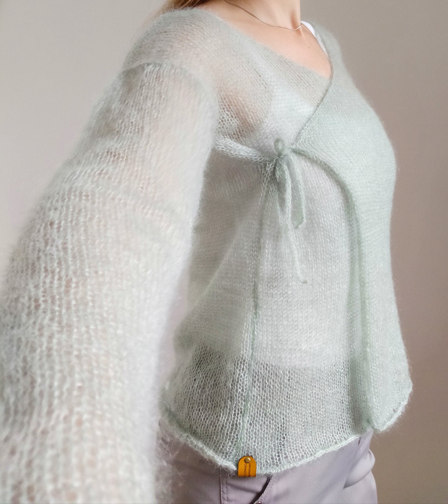 Exceptionally Lightweight And Soft Mint Green Tie Side Mohair Cardigan