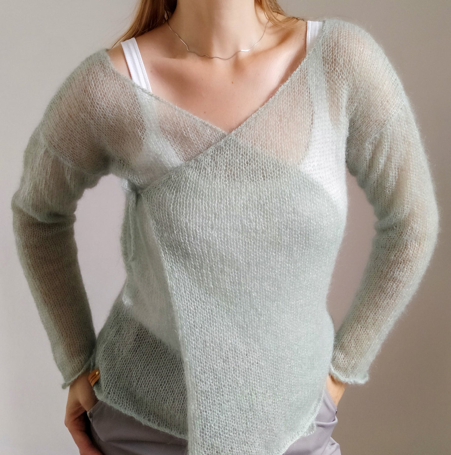 Exceptionally Lightweight And Soft Mint Green Tie Side Mohair Cardigan