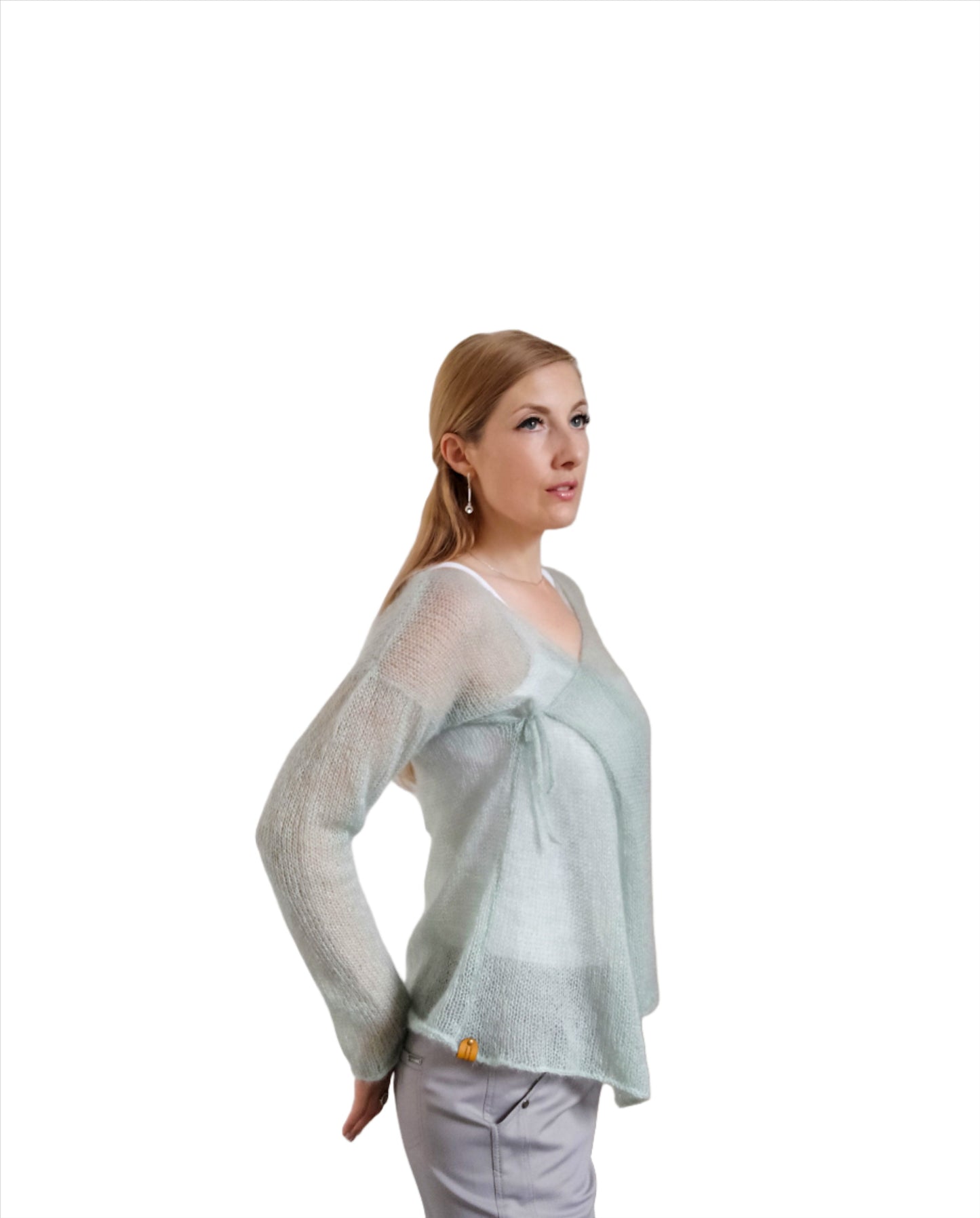 Exceptionally Lightweight And Soft Mint Green Tie Side Mohair Cardigan