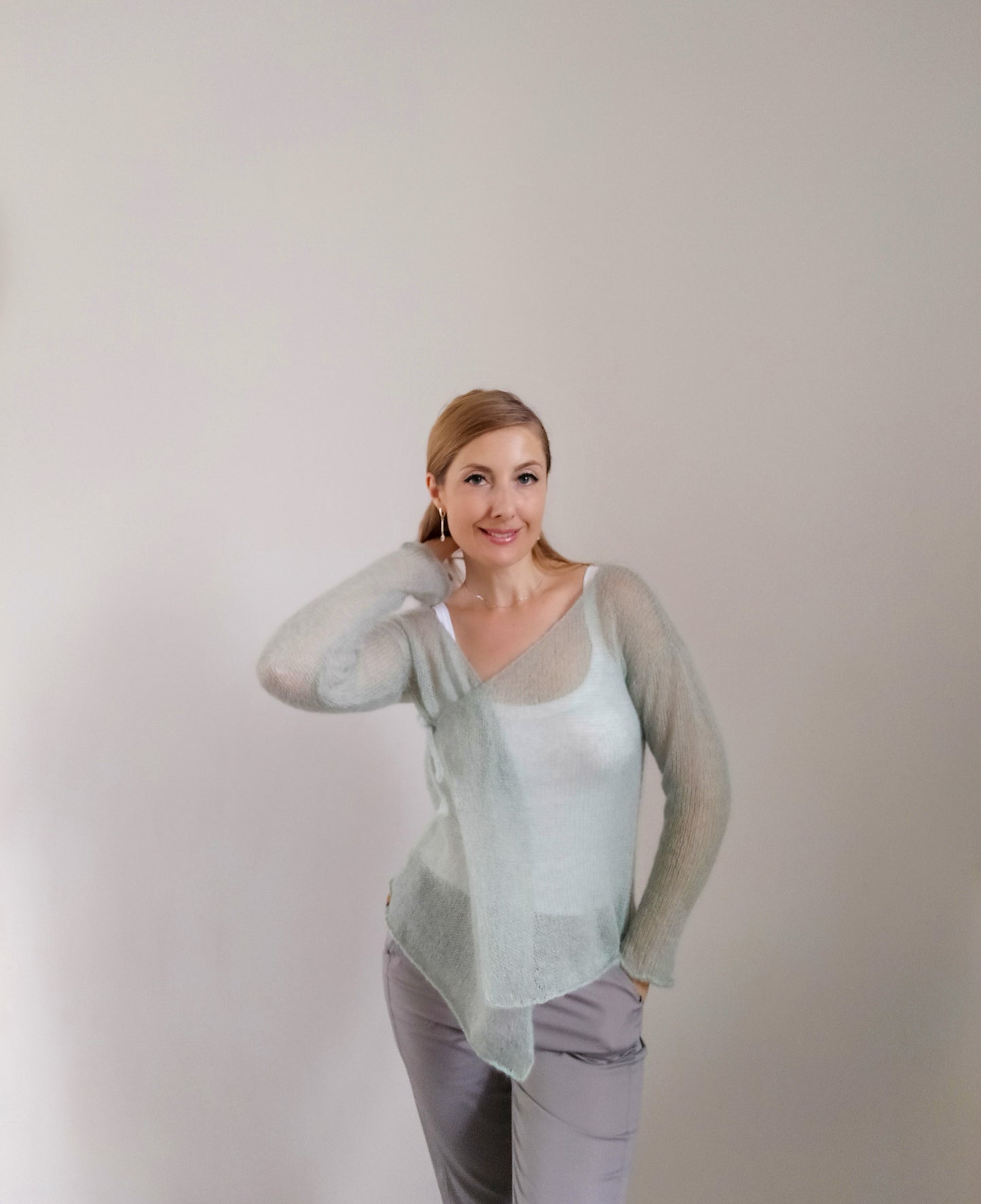 Exceptionally Lightweight And Soft Mint Green Tie Side Mohair Cardigan