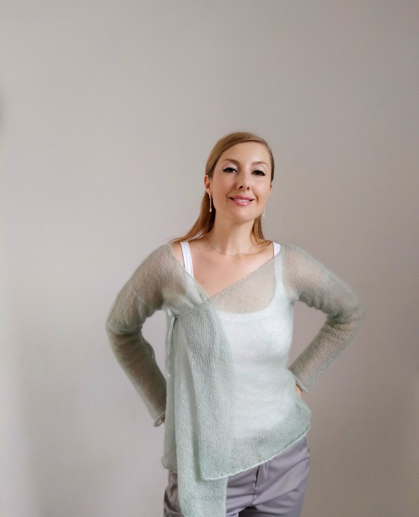 Exceptionally Lightweight And Soft Mint Green Tie Side Mohair Cardigan