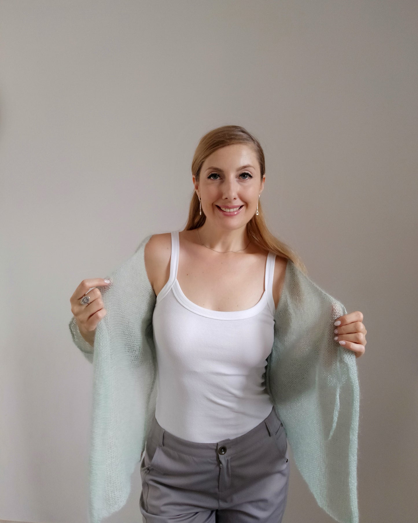 Exceptionally Lightweight And Soft Mint Green Tie Side Mohair Cardigan