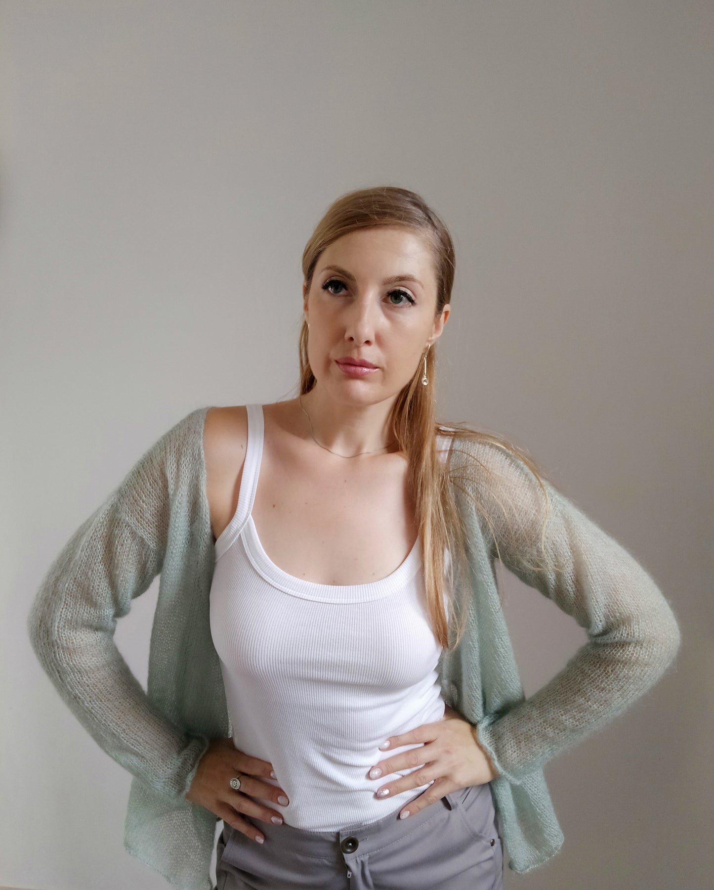 Exceptionally Lightweight And Soft Mint Green Tie Side Mohair Cardigan