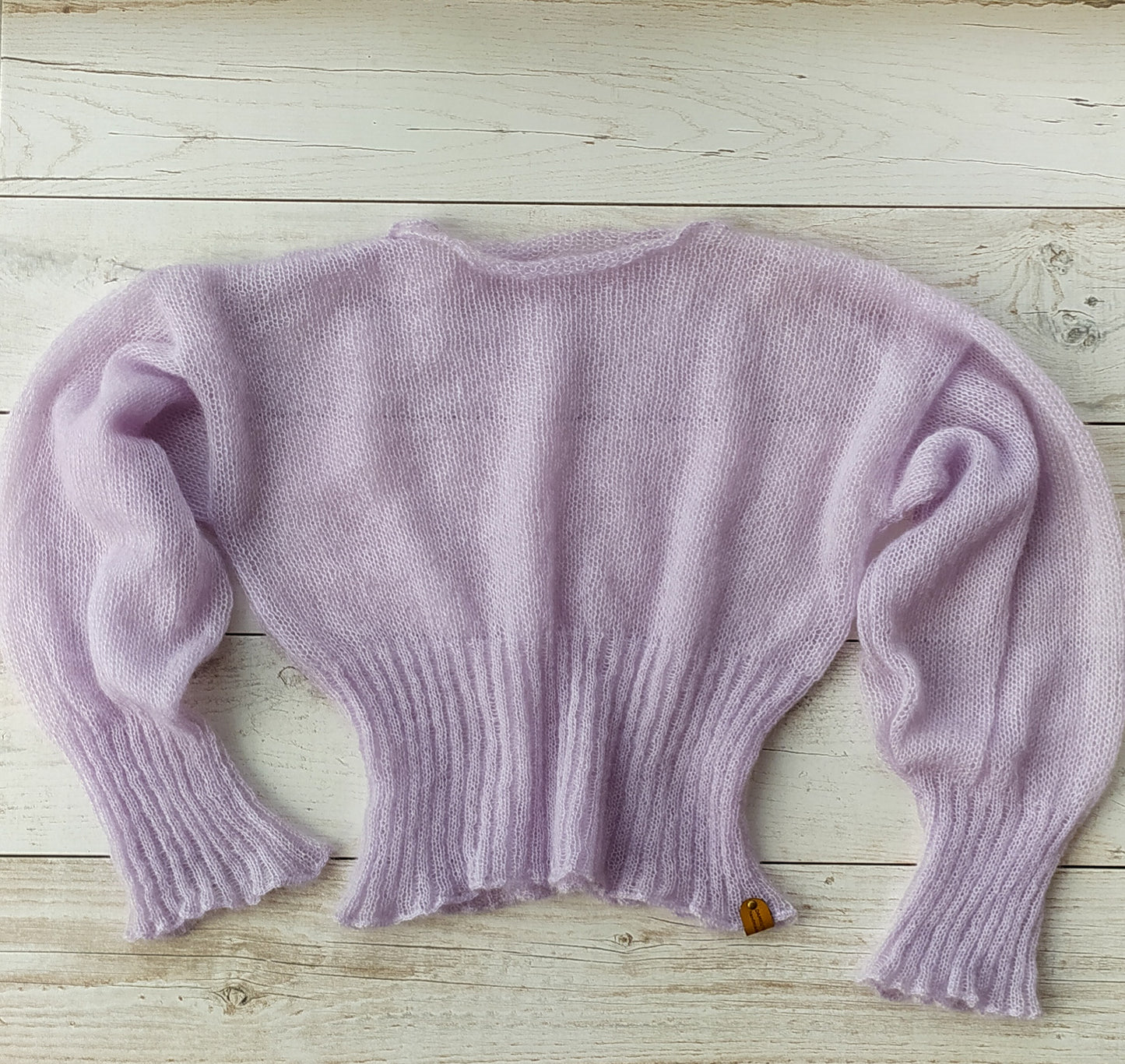 Ribbed Waist Balloon Sleeves Lavander Mohair&Silk Sweater All Seasons Soft Lightweight Short