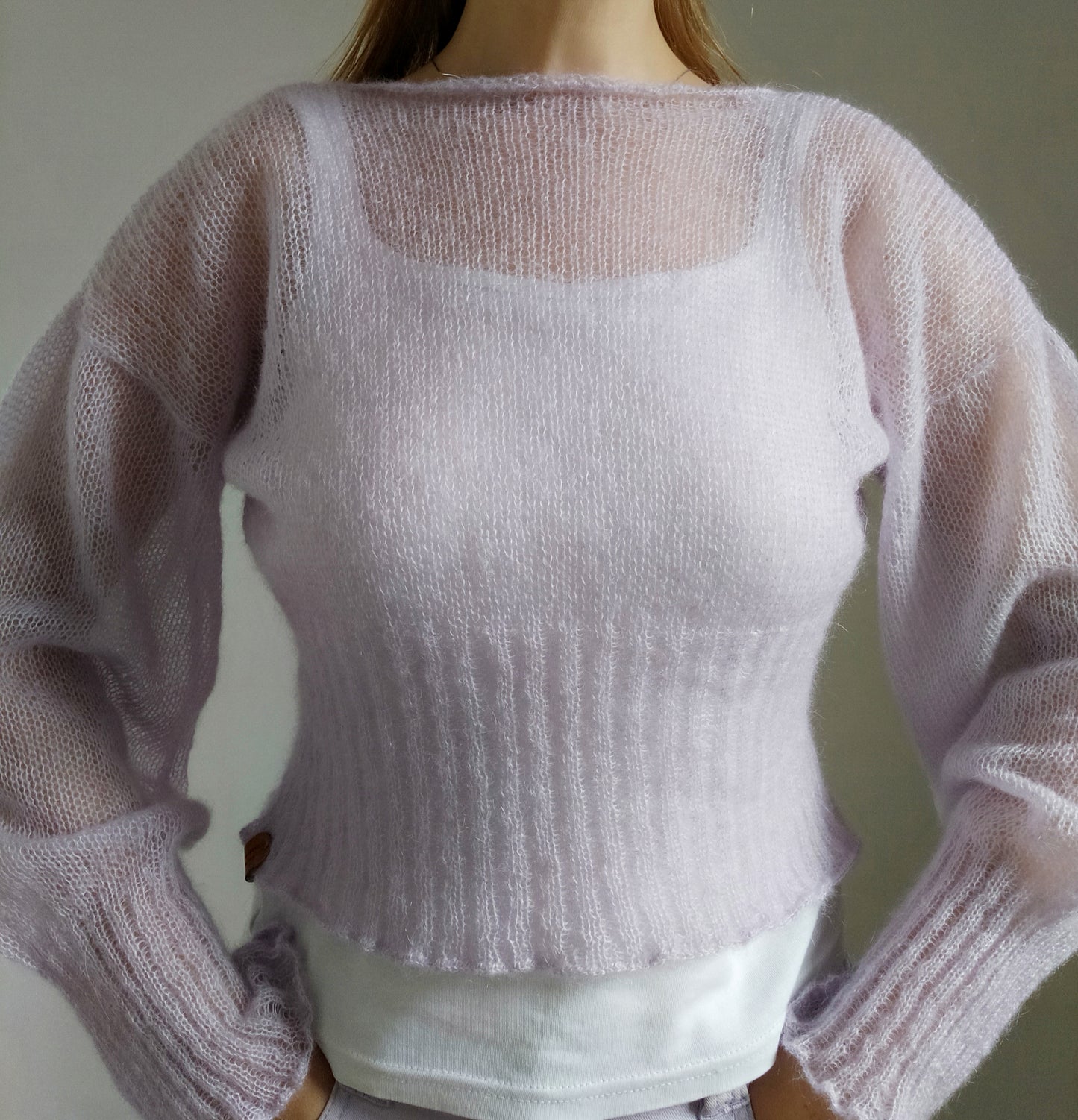 Ribbed Waist Balloon Sleeves Lavander Mohair&Silk Sweater All Seasons Soft Lightweight Short