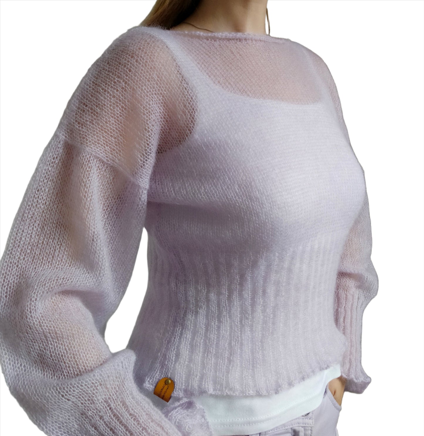 Ribbed Waist Balloon Sleeves Lavander Mohair&Silk Sweater All Seasons Soft Lightweight Short