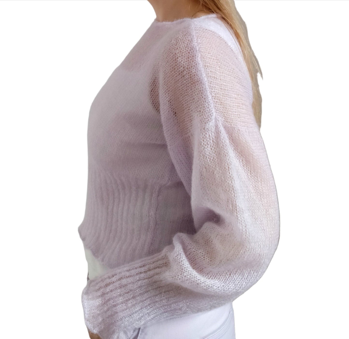 Ribbed Waist Balloon Sleeves Lavander Mohair&Silk Sweater All Seasons Soft Lightweight Short