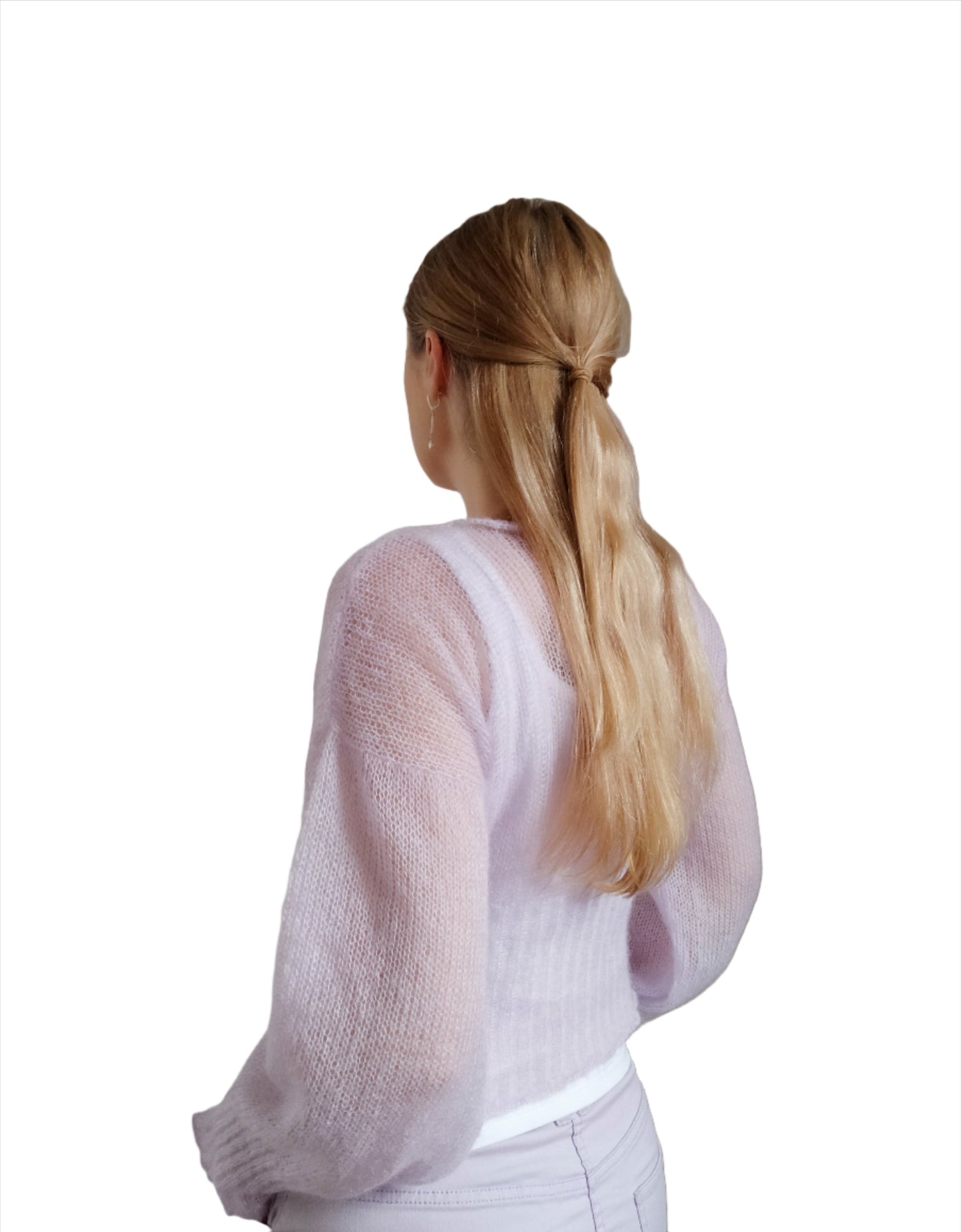 Ribbed Waist Balloon Sleeves Lavander Mohair&Silk Sweater All Seasons Soft Lightweight Short