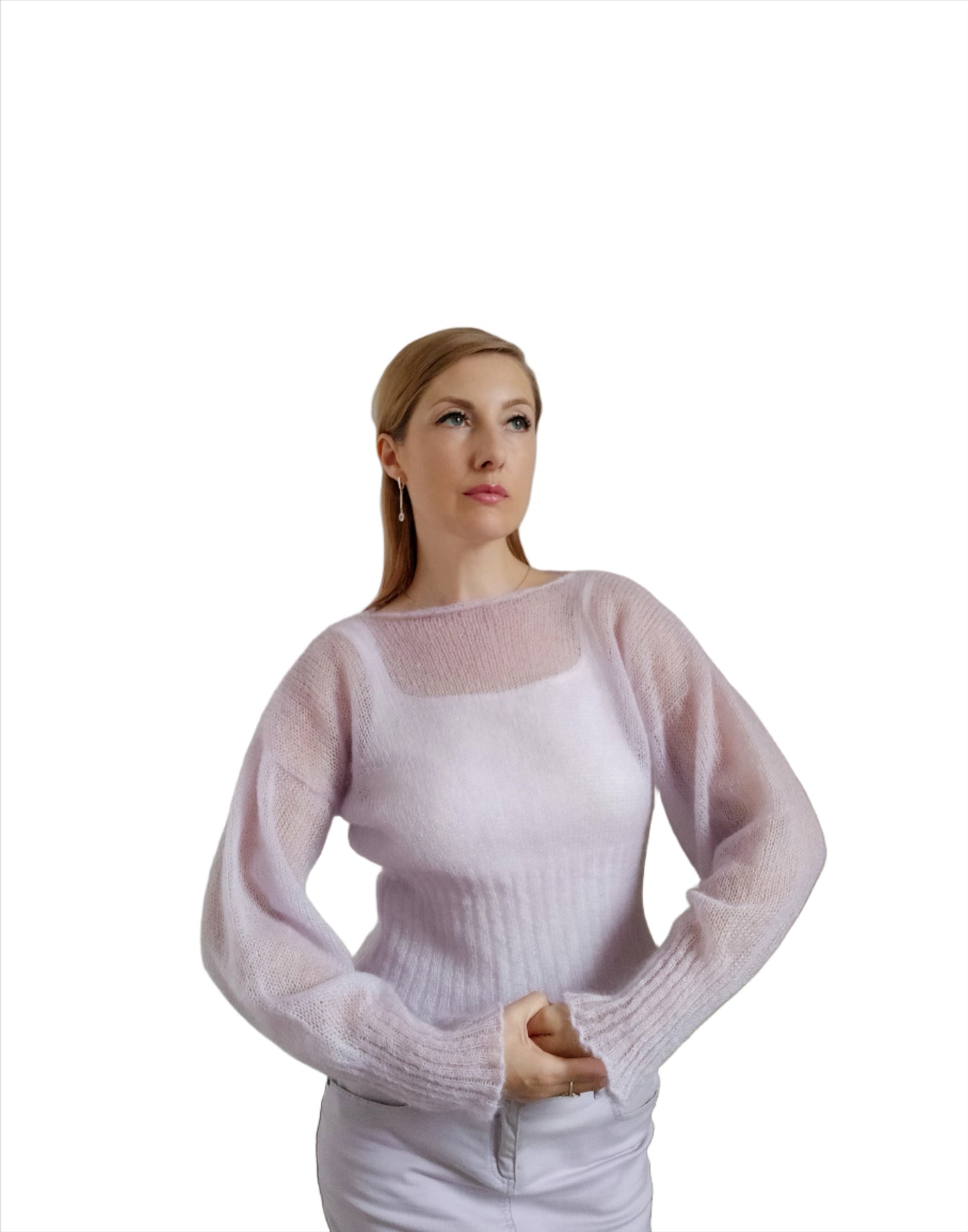 Ribbed Waist Balloon Sleeves Lavander Mohair&Silk Sweater All Seasons Soft Lightweight Short