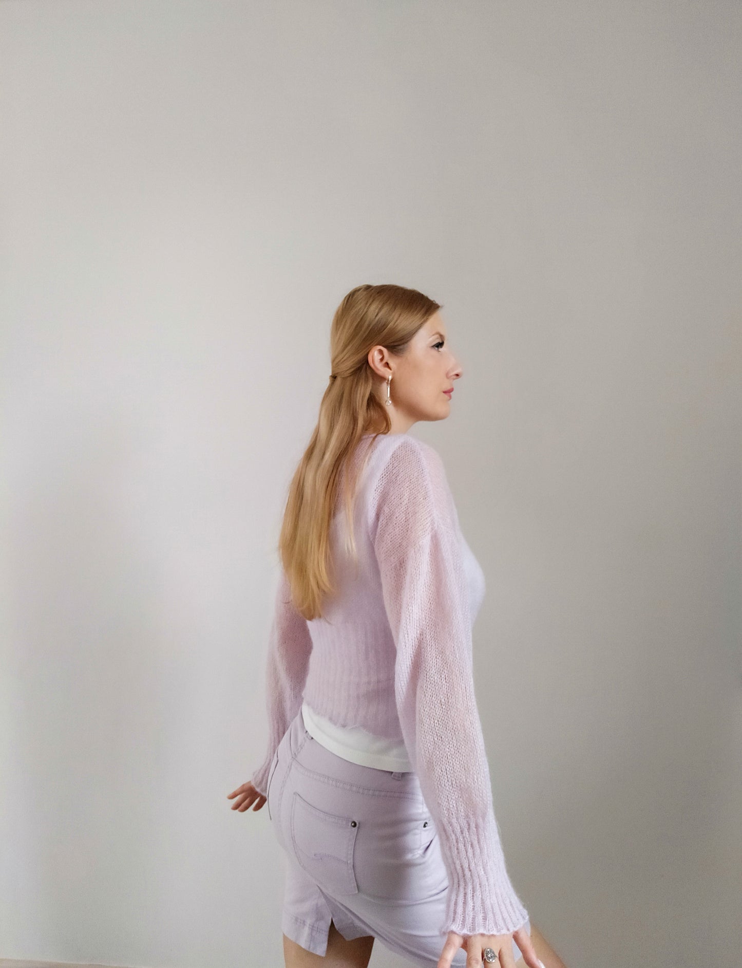 Ribbed Waist Balloon Sleeves Lavander Mohair&Silk Sweater All Seasons Soft Lightweight Short