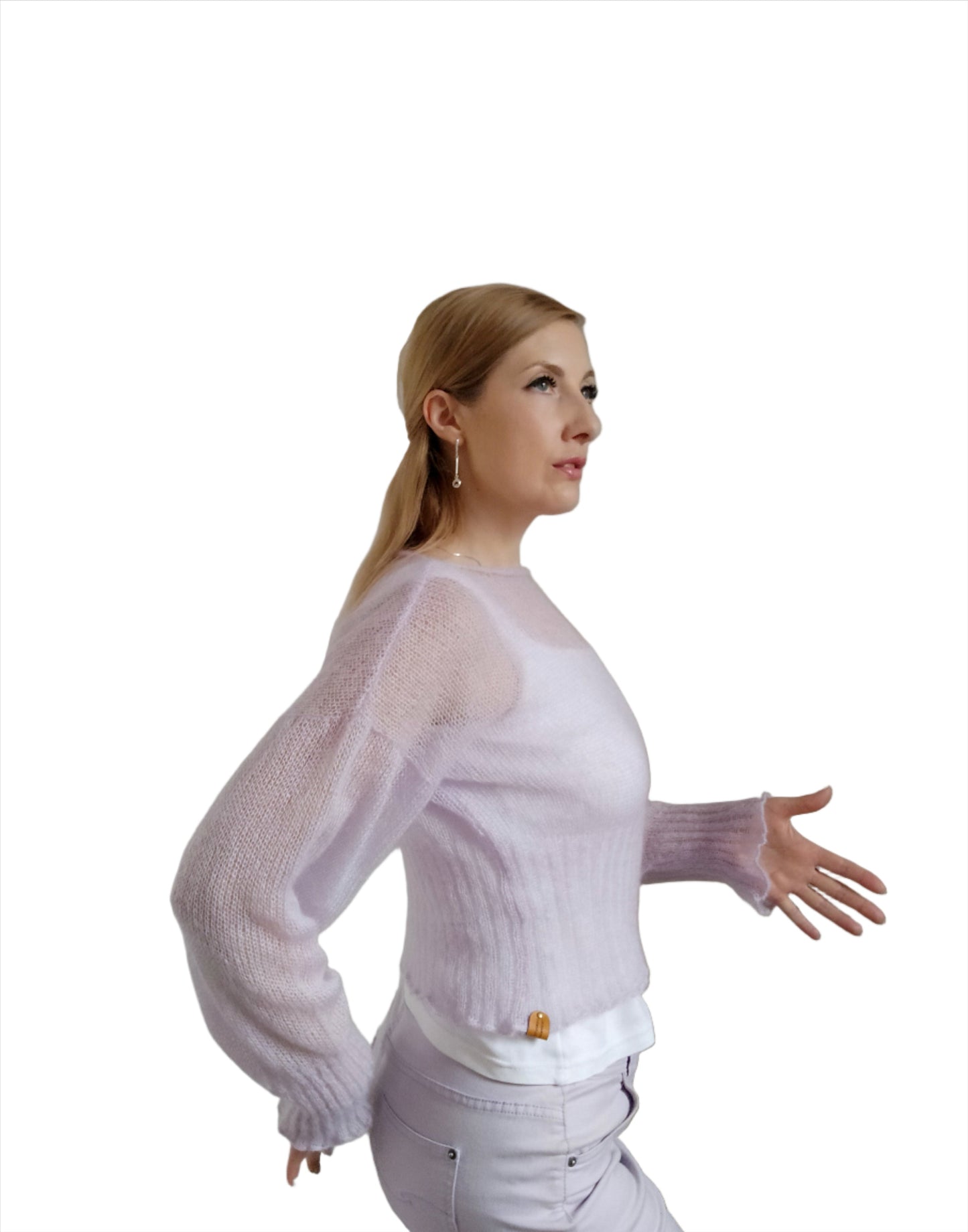 Ribbed Waist Balloon Sleeves Lavander Mohair&Silk Sweater All Seasons Soft Lightweight Short