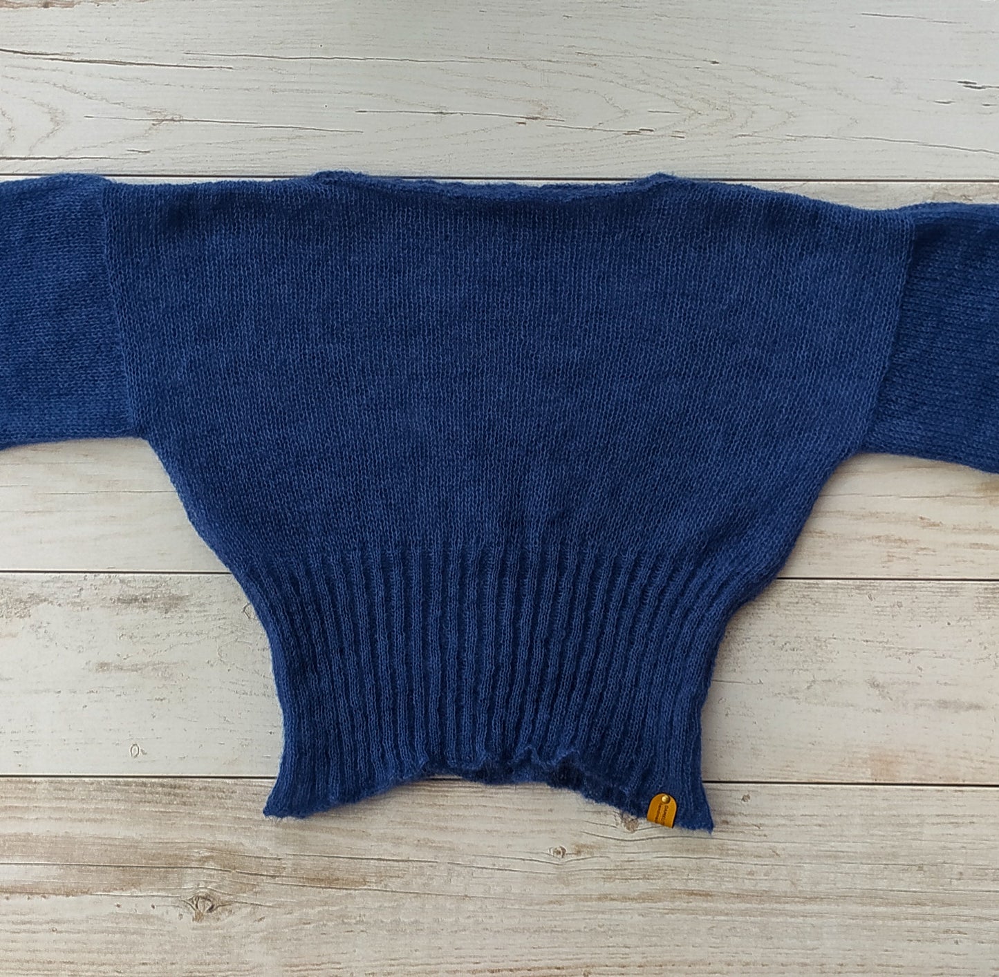 Ribbed Waist Balloon Sleeves Dark Blue Mohair&Silk Sweater All Seasons Soft Lightweight Short