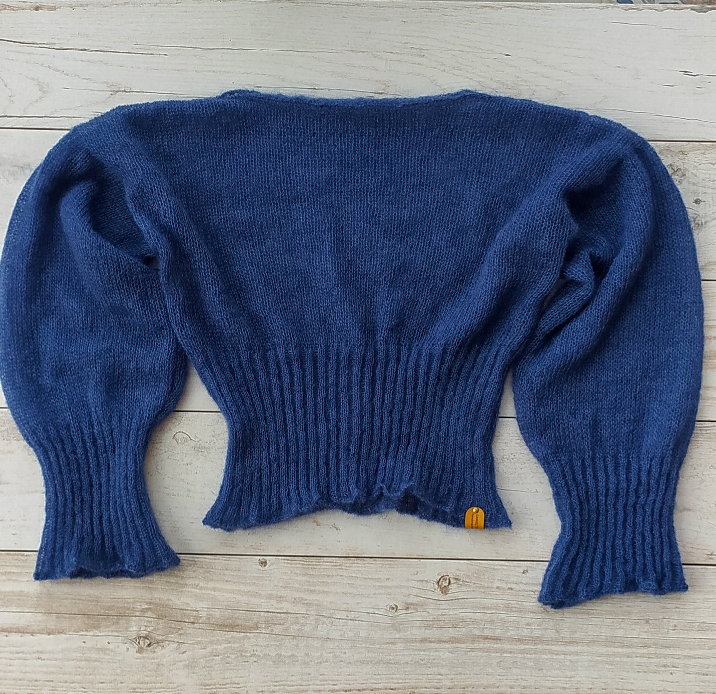 Ribbed Waist Balloon Sleeves Dark Blue Mohair&Silk Sweater All Seasons Soft Lightweight Short
