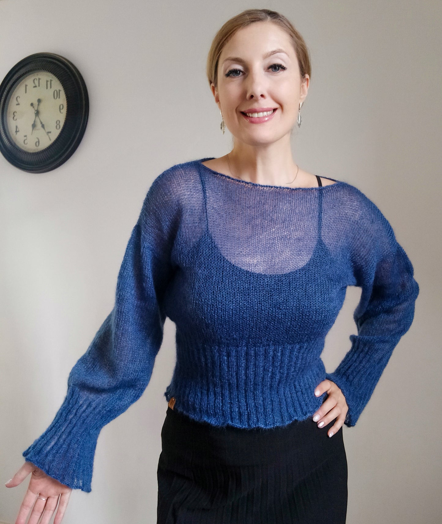 Ribbed Waist Balloon Sleeves Dark Blue Mohair&Silk Sweater All Seasons Soft Lightweight Short