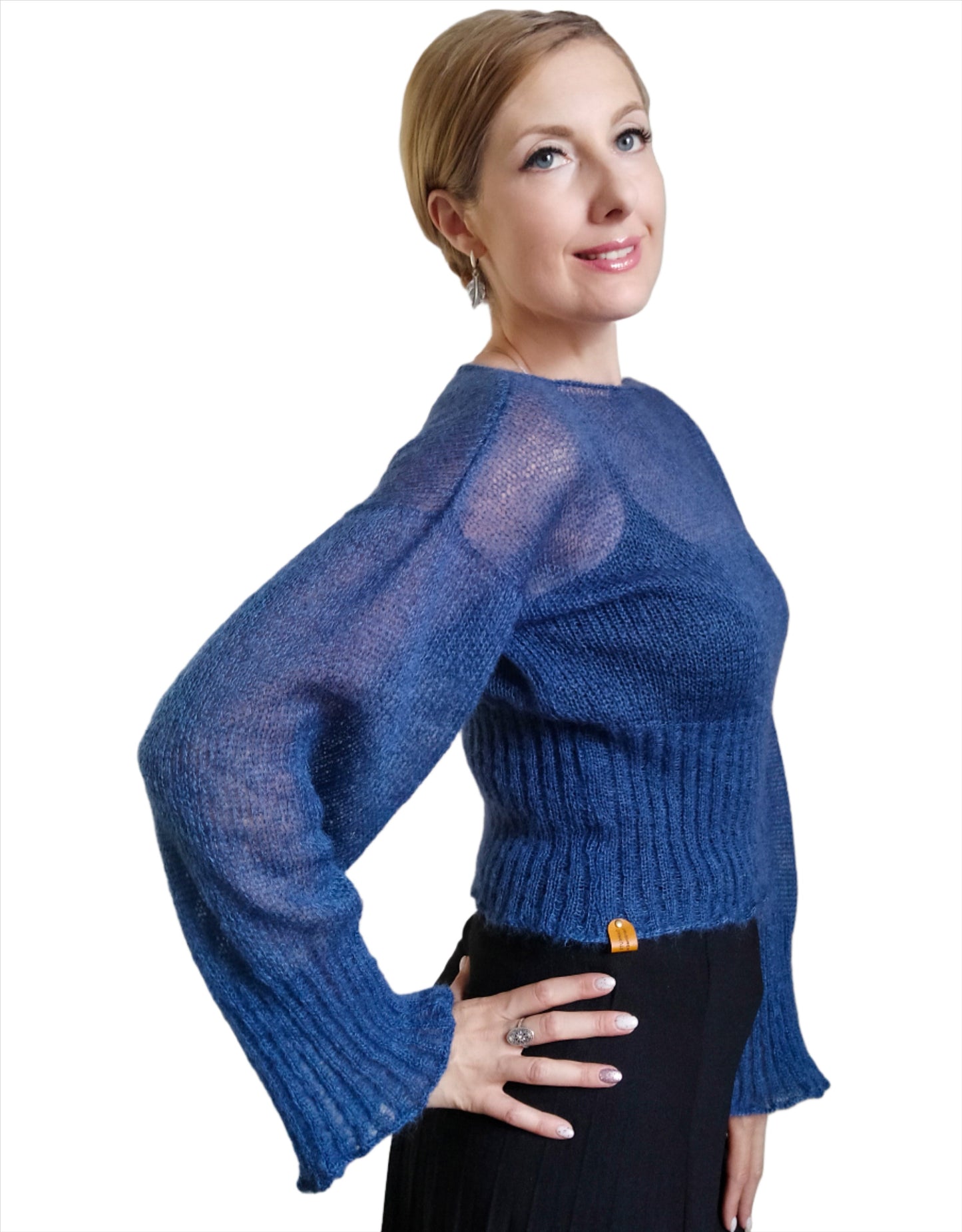 Ribbed Waist Balloon Sleeves Dark Blue Mohair&Silk Sweater All Seasons Soft Lightweight Short