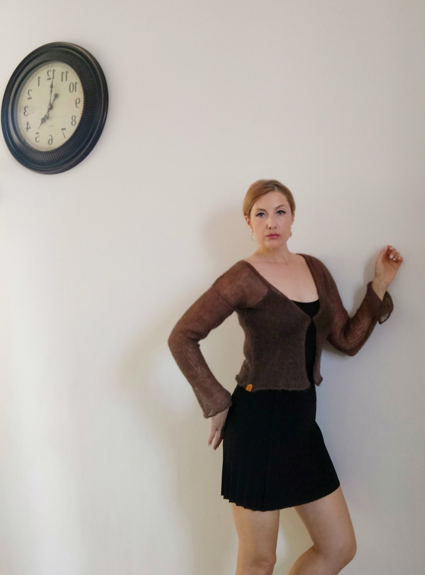 Brown Lightweight Mohair&Silk Cardigan Transparent easy Hook and eye closure size S-M Soft